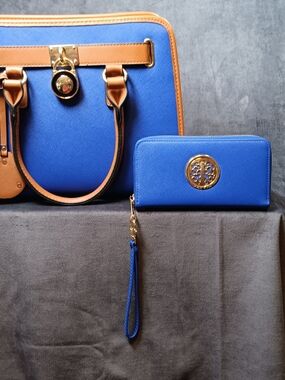 Blue And Tan Purse With Matching Zip Wristlet Wallet by Dasein